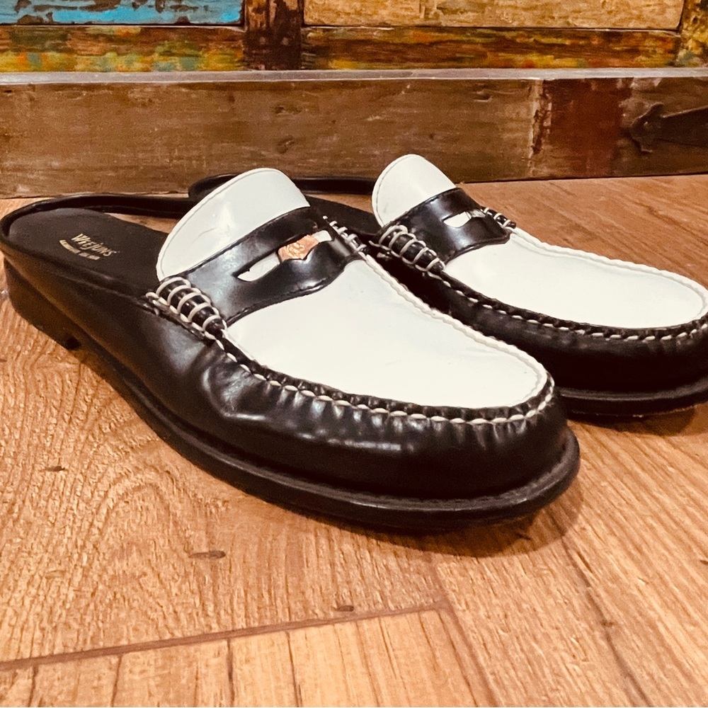 WEEJUNS G.H. Bass Wynn Mule Loafers Black White Penny Slip On Women's Sz 8